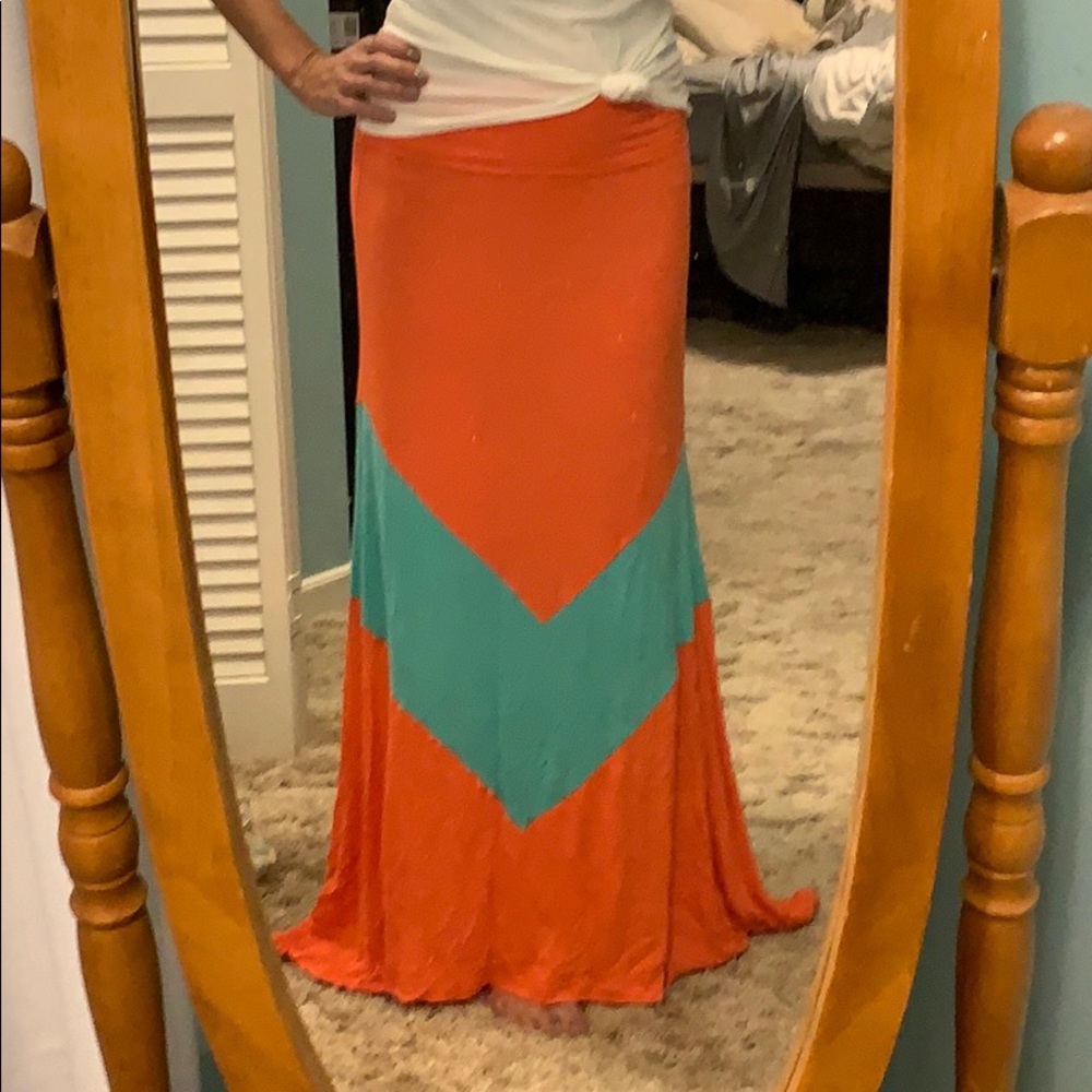 Coral orange and turquoise maxi skirt
